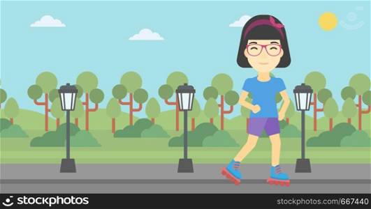 An asian young woman on roller-skates in the park. Full length of sports woman in protective sportwear on rollers skating outdoors. Vector flat design illustration. Horizontal layout. Sporty woman on roller-skates vector illustration.