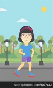An asian young woman on roller-skates in the park. Full length of sports woman in protective sportwear on rollers skating outdoors. Vector flat design illustration. Vertical layout.. Sporty woman on roller-skates vector illustration.
