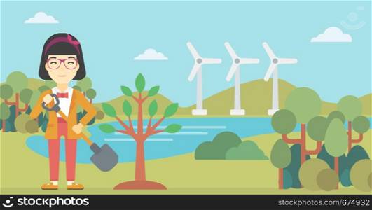 An asian young woman plants a tree. Woman standing with shovel near newly planted tree. Woman planting tree on a background of wind turbines. Vector flat design illustration. Horizontal layout.. Woman plants tree vector illustration.