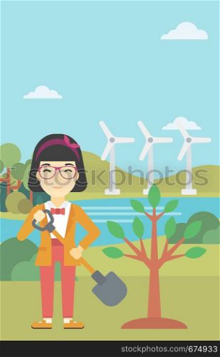 An asian young woman plants a tree. Woman standing with shovel near newly planted tree. Woman planting tree on a background of wind turbines. Vector flat design illustration. Vertical layout.. Woman plants tree vector illustration.