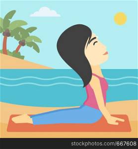 An asian young woman practicing yoga upward dog position. Woman meditating in yoga upward dog position on the beach. Woman doing yoga on nature. Vector flat design illustration. Square layout.. Woman practicing yoga upward dog pose on beach.