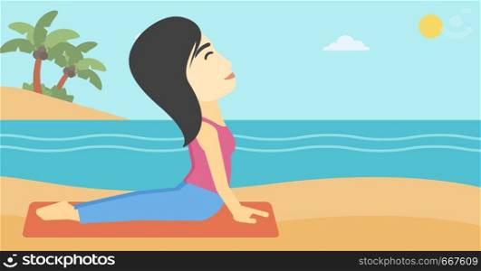 An asian young woman practicing yoga upward dog position. Woman meditating in yoga upward dog position on the beach. Woman doing yoga on nature. Vector flat design illustration. Horizontal layout. Woman practicing yoga upward dog pose on beach.