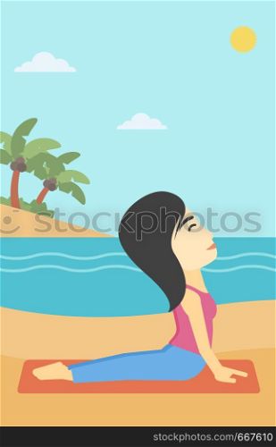 An asian young woman practicing yoga upward dog position. Woman meditating in yoga upward dog position on the beach. Woman doing yoga on nature. Vector flat design illustration. Vertical layout.. Woman practicing yoga upward dog pose on beach.