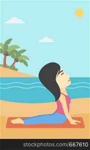 An asian young woman practicing yoga upward dog position. Woman meditating in yoga upward dog position on the beach. Woman doing yoga on nature. Vector flat design illustration. Vertical layout.. Woman practicing yoga upward dog pose on beach.
