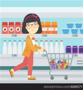 An asian young woman pushing a supermarket cart with some goods in it. Customer shopping at supermarket with cart full with groceries. Vector flat design illustration. Square layout.. Customer with trolley vector illustration.