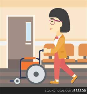 An asian young woman pushing empty wheelchair on the background of hospital corridor. Vector flat design illustration. Square layout.. Woman pushing wheelchair vector illustration.