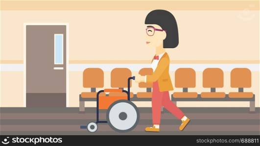 An asian young woman pushing empty wheelchair on the background of hospital corridor. Vector flat design illustration. Horizontal layout.. Woman pushing wheelchair vector illustration.