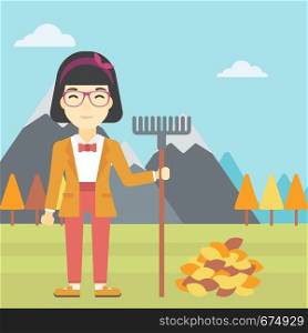 An asian young woman raking autumn leaves. Woman with rake standing near tree and heap of autumn leaves. Woman tidying autumn leaves in garden. Vector flat design illustration. Square layout.. Woman raking autumn leaves vector illustration.