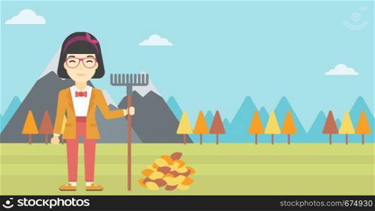 An asian young woman raking autumn leaves. Woman with rake standing near tree and heap of autumn leaves. Woman tidying autumn leaves in garden. Vector flat design illustration. Horizontal layout.. Woman raking autumn leaves vector illustration.