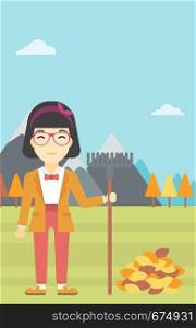 An asian young woman raking autumn leaves. Woman with rake standing near tree and heap of autumn leaves. Woman tidying autumn leaves in garden. Vector flat design illustration. Vertical layout.. Woman raking autumn leaves vector illustration.