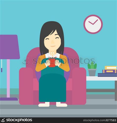 An asian young woman relaxing under blanket with cup of coffee. Woman drinking coffee at home. Woman holding a cup of hot flavored coffee or tea. Vector flat design illustration. Square layout.. Woman drinking coffee or tea vector illustration.