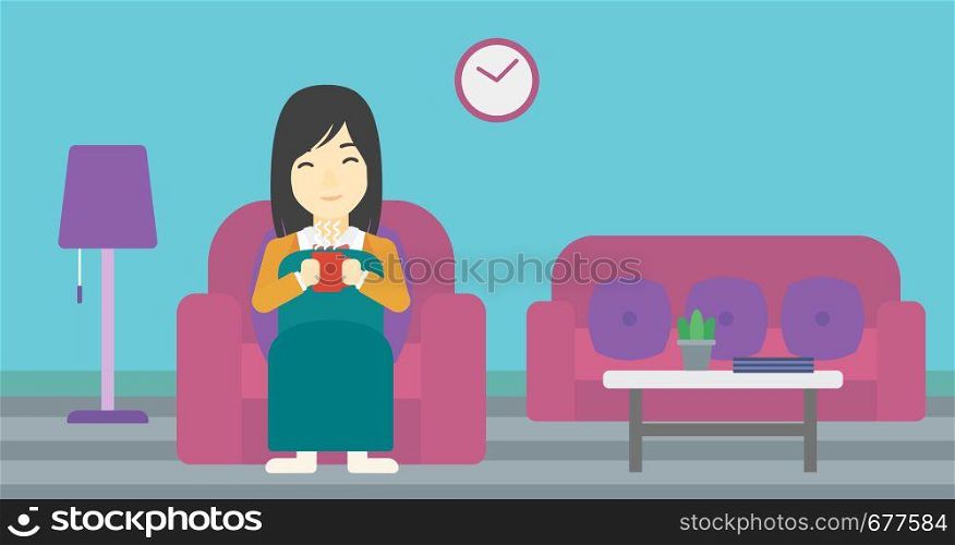 An asian young woman relaxing under blanket with cup of coffee. Woman drinking coffee at home. Woman holding a cup of hot flavored coffee or tea. Vector flat design illustration. Horizontal layout.. Woman drinking coffee or tea vector illustration.