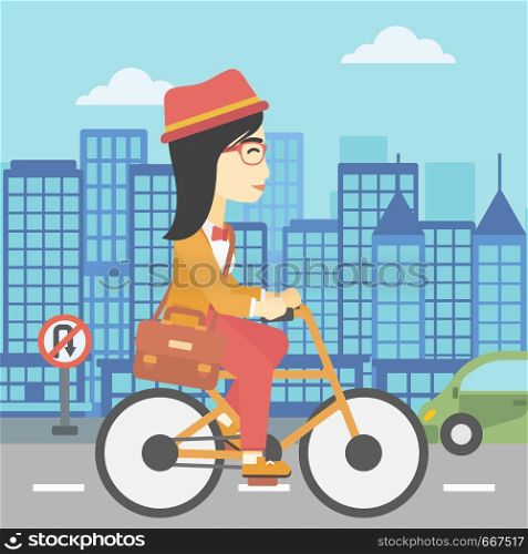 An asian young woman riding a bicycle. Cyclist riding bike on city background. Business woman with briefcase on a bike. Healthy lifestyle concept. Vector flat design illustration. Square layout.. Woman riding bicycle vector illustration.