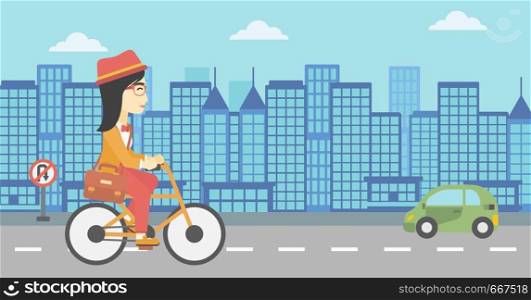An asian young woman riding a bicycle. Cyclist riding bike on city background. Business woman with briefcase on a bike. Healthy lifestyle concept. Vector flat design illustration. Horizontal layout. Woman riding bicycle vector illustration.