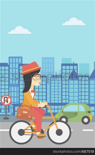 An asian young woman riding a bicycle. Cyclist riding bike on city background. Business woman with briefcase on a bike. Healthy lifestyle concept. Vector flat design illustration. Vertical layout.. Woman riding bicycle vector illustration.
