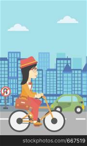 An asian young woman riding a bicycle. Cyclist riding bike on city background. Business woman with briefcase on a bike. Healthy lifestyle concept. Vector flat design illustration. Vertical layout.. Woman riding bicycle vector illustration.