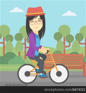 An asian young woman riding a bicycle in park. Cyclist riding bike on forest road. Woman on bike outdoors. Healthy lifestyle concept. Vector flat design illustration. Square layout.. Woman riding bicycle vector illustration.