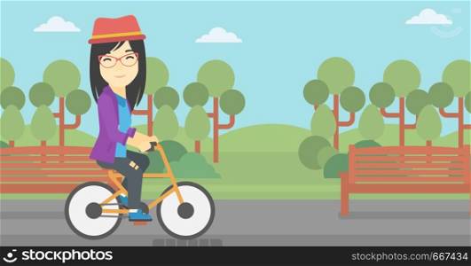 An asian young woman riding a bicycle in park. Cyclist riding bike on forest road. Woman on bike outdoors. Healthy lifestyle concept. Vector flat design illustration. Horizontal layout. Woman riding bicycle vector illustration.