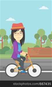 An asian young woman riding a bicycle in park. Cyclist riding bike on forest road. Woman on bike outdoors. Healthy lifestyle concept. Vector flat design illustration. Vertical layout.. Woman riding bicycle vector illustration.