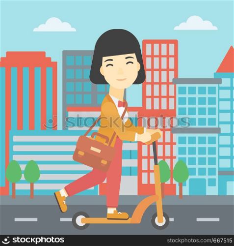 An asian young woman riding a kick scooter. Business woman with briefcase riding to work on scooter. Woman on kick scooter in the city street. Vector flat design illustration. Square layout.. Woman riding kick scooter vector illustration.