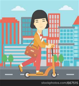 An asian young woman riding a kick scooter. Business woman with briefcase riding to work on scooter. Woman on kick scooter in the city street. Vector flat design illustration. Square layout.. Woman riding kick scooter vector illustration.