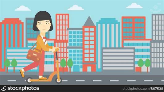An asian young woman riding a kick scooter. Business woman with briefcase riding to work on scooter. Woman on kick scooter in the city street. Vector flat design illustration. Horizontal layout. Woman riding kick scooter vector illustration.