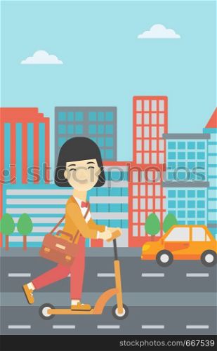 An asian young woman riding a kick scooter. Business woman with briefcase riding to work on scooter. Woman on kick scooter in the city street. Vector flat design illustration. Vertical layout.. Woman riding kick scooter vector illustration.