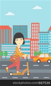 An asian young woman riding a kick scooter. Business woman with briefcase riding to work on scooter. Woman on kick scooter in the city street. Vector flat design illustration. Vertical layout.. Woman riding kick scooter vector illustration.
