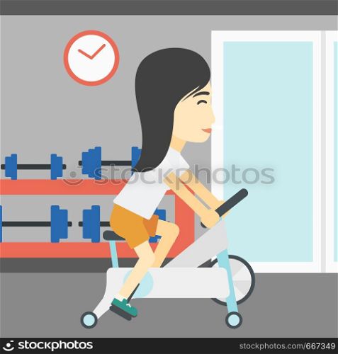 An asian young woman riding stationary bicycle. Sporty woman exercising on stationary training bicycle in the gym. Woman training on exercise bike. Vector flat design illustration. Square layout.. Woman riding stationary bicycle.