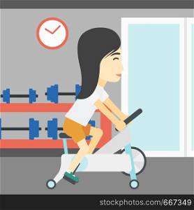 An asian young woman riding stationary bicycle. Sporty woman exercising on stationary training bicycle in the gym. Woman training on exercise bike. Vector flat design illustration. Square layout.. Woman riding stationary bicycle.