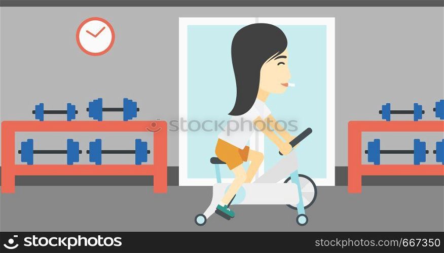 An asian young woman riding stationary bicycle. Sporty woman exercising on stationary training bicycle in the gym. Woman training on exercise bike. Vector flat design illustration. Horizontal layout. Woman riding stationary bicycle.