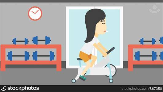 An asian young woman riding stationary bicycle. Sporty woman exercising on stationary training bicycle in the gym. Woman training on exercise bike. Vector flat design illustration. Horizontal layout. Woman riding stationary bicycle.