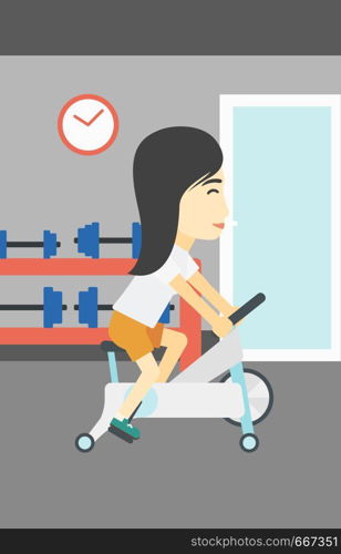 An asian young woman riding stationary bicycle. Sporty woman exercising on stationary training bicycle in the gym. Woman training on exercise bike. Vector flat design illustration. Vertical layout.. Woman riding stationary bicycle.