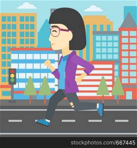 An asian young woman running. Female runner jogging. Full length of a female athlete running. Sports woman running on a city background. Vector flat design illustration. Square layout.. Sportive woman jogging vector illustration.