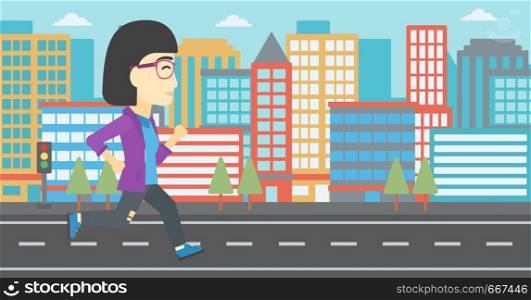 An asian young woman running. Female runner jogging. Full length of a female athlete running. Sports woman running on a city background. Vector flat design illustration. Horizontal layout. Sportive woman jogging vector illustration.