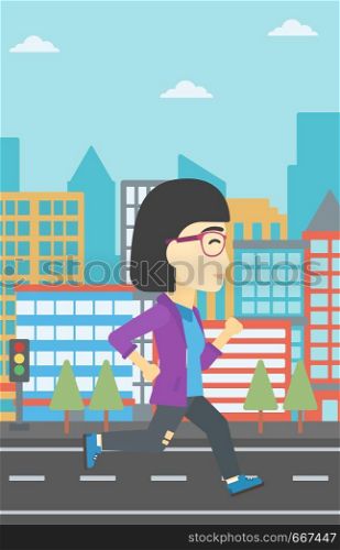 An asian young woman running. Female runner jogging. Full length of a female athlete running. Sports woman running on a city background. Vector flat design illustration. Vertical layout.. Sportive woman jogging vector illustration.