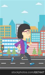 An asian young woman running. Female runner jogging. Full length of a female athlete running. Sports woman running on a city background. Vector flat design illustration. Vertical layout.. Sportive woman jogging vector illustration.