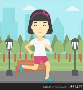 An asian young woman running. Female sportive runner jogging outdoors. Sports woman running in the park. Running woman on forest road. Vector flat design illustration. Square layout.. Young woman running vector illustration.
