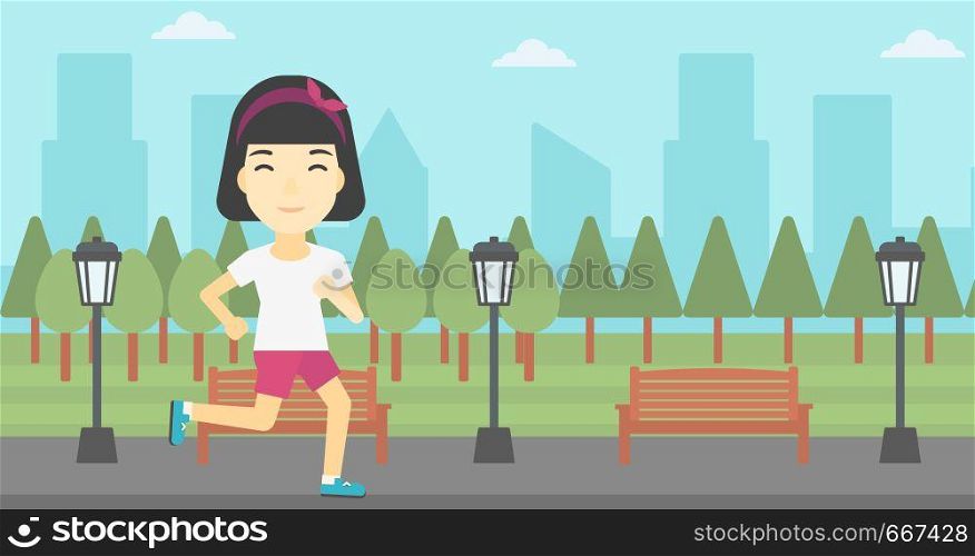 An asian young woman running. Female sportive runner jogging outdoors. Sports woman running in the park. Running woman on forest road. Vector flat design illustration. Horizontal layout. Young woman running vector illustration.