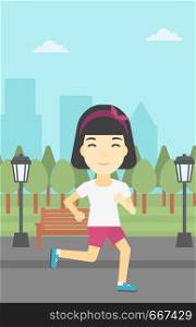 An asian young woman running. Female sportive runner jogging outdoors. Sports woman running in the park. Running woman on forest road. Vector flat design illustration. Vertical layout.. Young woman running vector illustration.