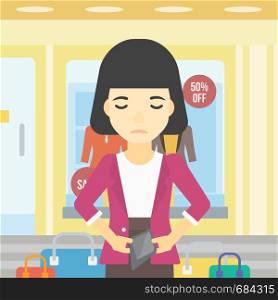 An asian young woman showing her epmty wallet on the background of showcase of a store. Bankruptcy concept. Vector flat design illustration. Square layout.. Woman showing epmty wallet vector illustration.