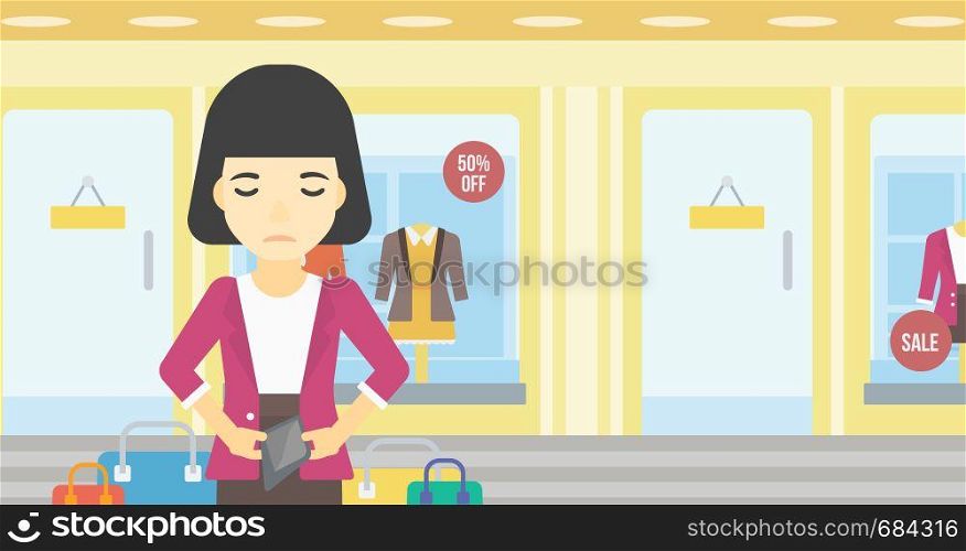 An asian young woman showing her epmty wallet on the background of showcase of a store. Bankruptcy concept. Vector flat design illustration. Horizontal layout.. Woman showing epmty wallet vector illustration.