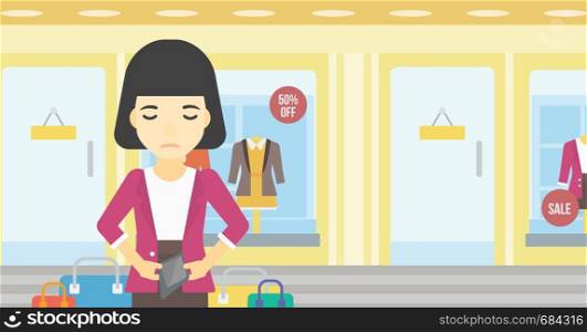 An asian young woman showing her epmty wallet on the background of showcase of a store. Bankruptcy concept. Vector flat design illustration. Horizontal layout.. Woman showing epmty wallet vector illustration.