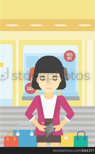 An asian young woman showing her epmty wallet on the background of showcase of a store. Bankruptcy concept. Vector flat design illustration. Vertical layout.. Woman showing epmty wallet vector illustration.