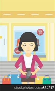 An asian young woman showing her epmty wallet on the background of showcase of a store. Bankruptcy concept. Vector flat design illustration. Vertical layout.. Woman showing epmty wallet vector illustration.