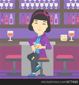 An asian young woman sitting at the bar counter. Woman sitting with glass in bar. Cheerful young woman sitting alone at the bar counter. Vector flat design illustration. Square layout.. Woman sitting at the bar counter.