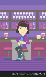 An asian young woman sitting at the bar counter. Woman sitting with glass in bar. Cheerful young woman sitting alone at the bar counter. Vector flat design illustration. Vertical layout.. Woman sitting at the bar counter.