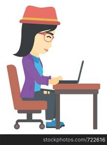 An asian young woman sitting at the table and working at the laptop vector flat design illustration isolated on white background. . Woman working at laptop.