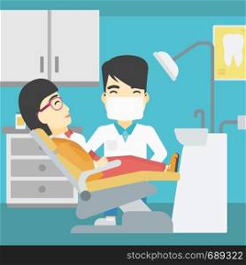 An asian young woman sitting it the chair at the dental office. Male doctor and patient in the dental clinic. Patient on reception at the dentist. Vector flat design illustration. Square layout.. Patient and doctor at dentist office.