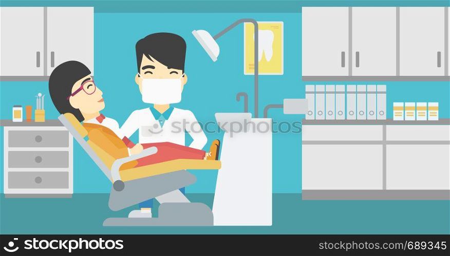 An asian young woman sitting it the chair at the dental office. Male doctor and patient in the dental clinic. Patient on reception at the dentist. Vector flat design illustration. Horizontal layout.. Patient and doctor at dentist office.